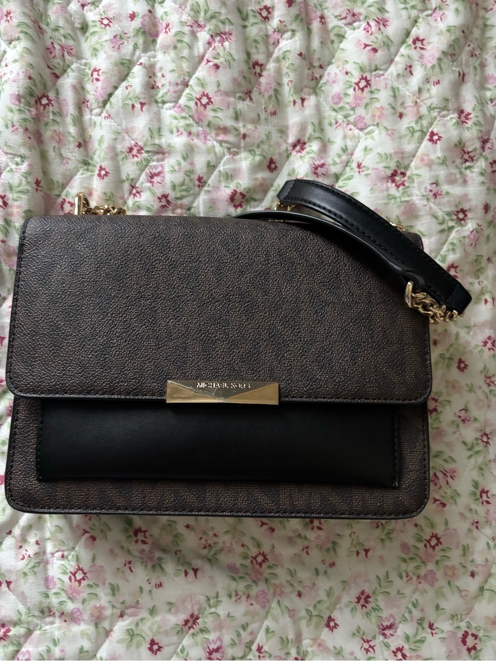 Michael Kors Brown Monogram and Black Leather Chain Crossbody